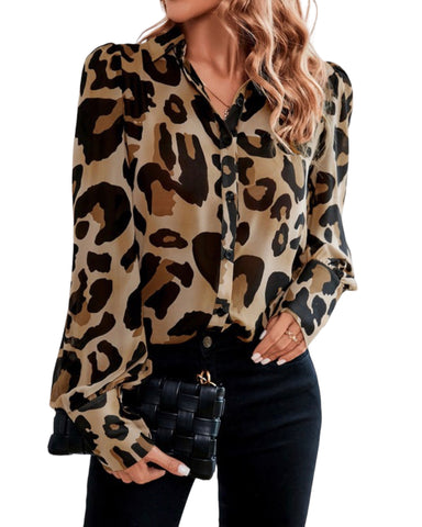 Leopard print bishop sleeve button down shirt