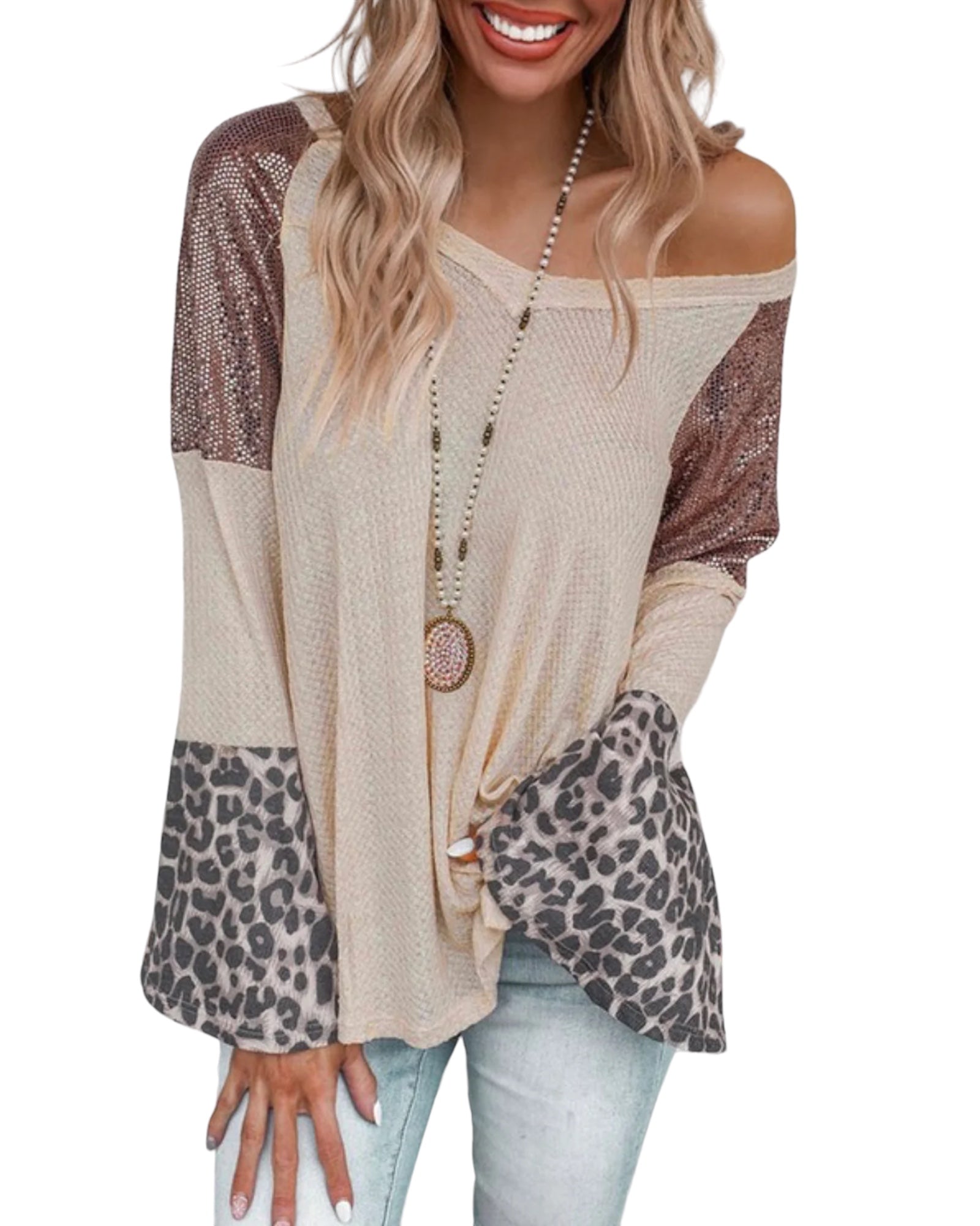 Patchwork Leopard Sequin Waffle Top