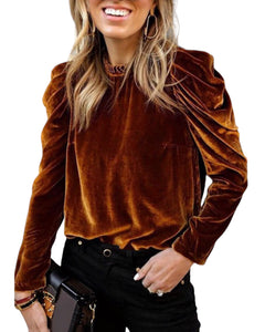 Velvet frilled collar puff sleeve top