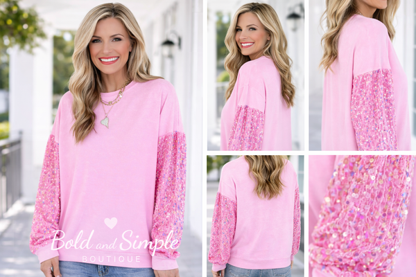 All the Sparkle Pink Sequin Sleeve Top