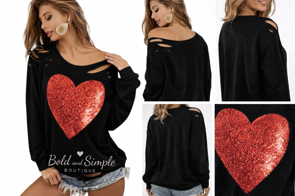 Red Sequin Heart Distressed Off-Shoulder Top