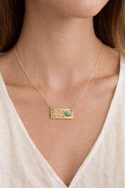 Silver Heart Engraved 925 Sterling Silver Genuine Turquoise Bar Necklace