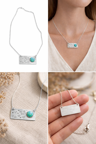Silver Heart Engraved 925 Sterling Silver Genuine Turquoise Bar Necklace