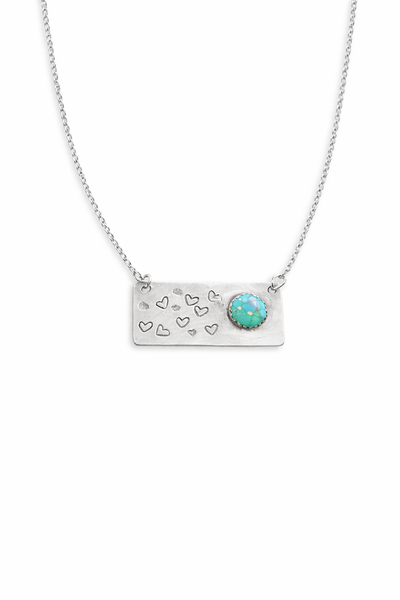 Silver Heart Engraved 925 Sterling Silver Genuine Turquoise Bar Necklace