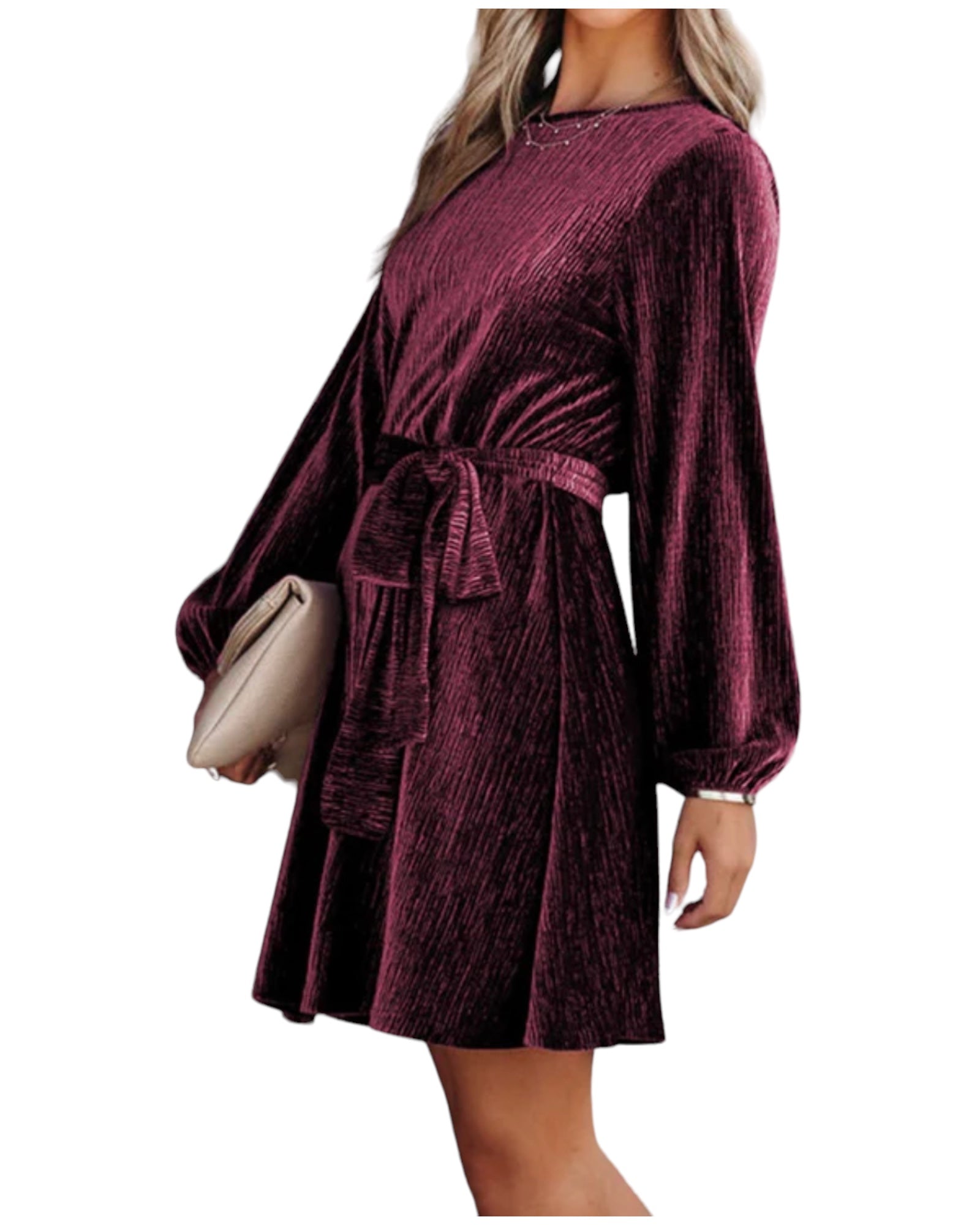 CRINKLE VELVET TIE BELTED DRESS
