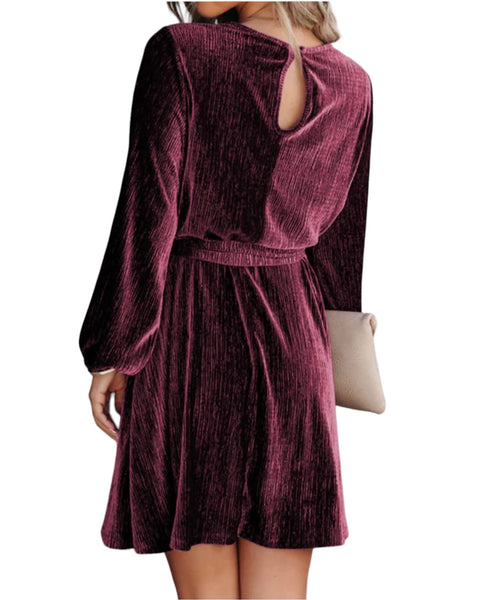 CRINKLE VELVET TIE BELTED DRESS