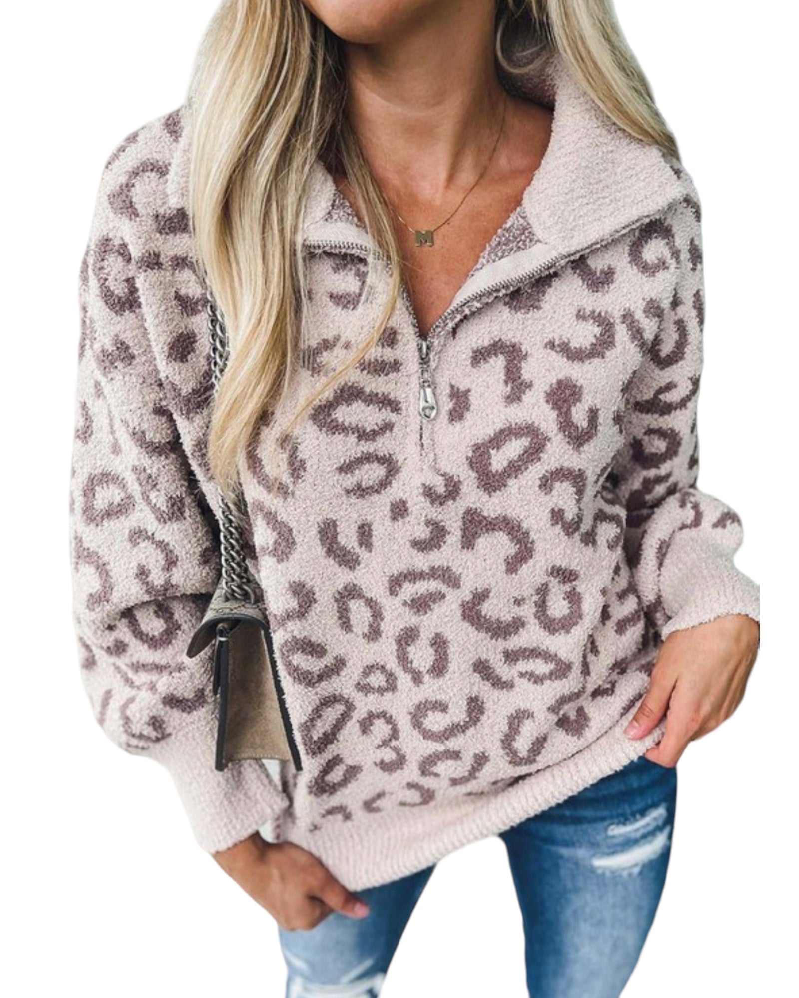 LEOPARD QUARTER ZIP FUZZY SWEATER