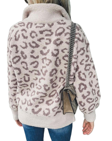 LEOPARD QUARTER ZIP FUZZY SWEATER