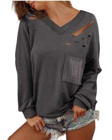 DISTRESSED V-NECK LONG SLEEVE TOP