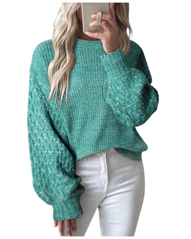 CABLE LATTICE BALLOON SLEEVE SWEATER