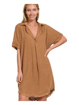 Washed Linen  frayed hem shirt dress