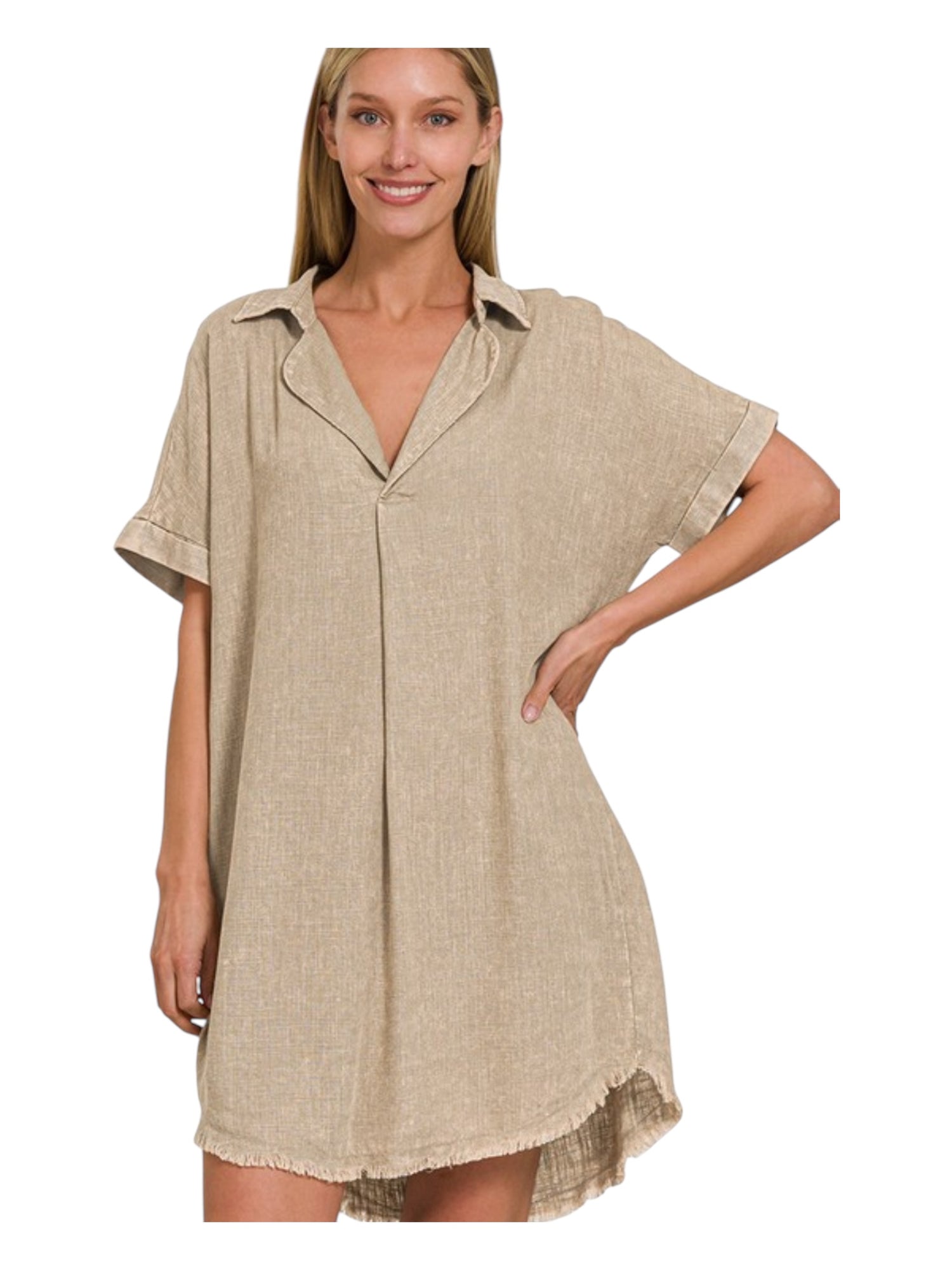 Washed Linen  frayed hem shirt dress