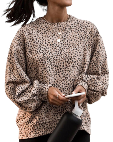 LEOPARD BUBBLE SLEEVE CREW SWEATSHIRT