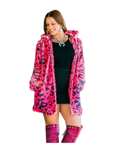 Hot pink leopard  print furry  jacket