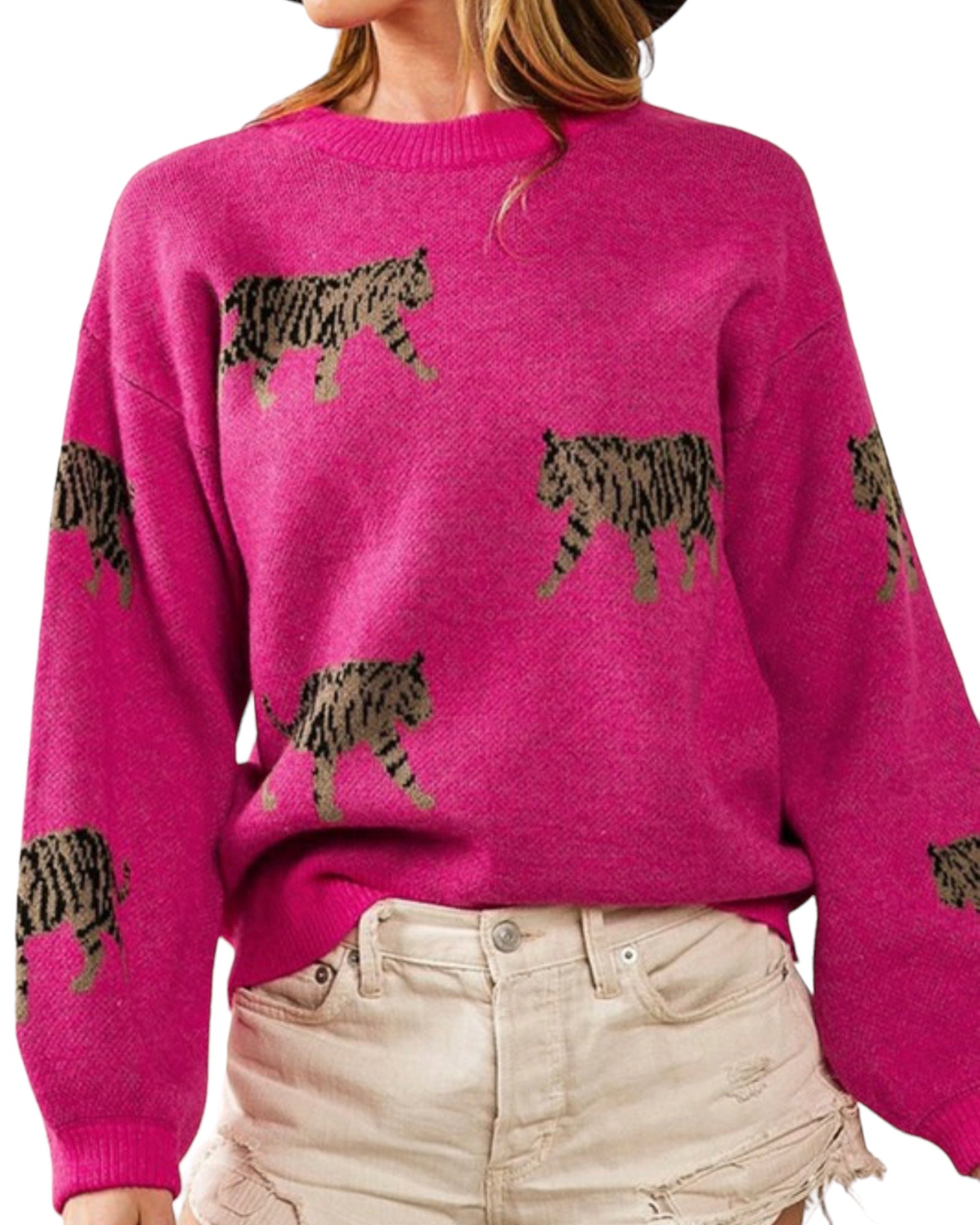 TIGER RIBBED TRIM CREWNECK SWEATER