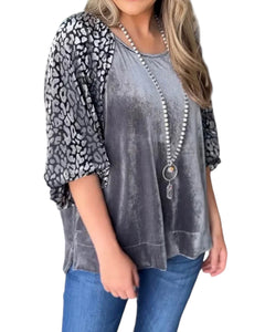 LEOPARD COLORBLOCK VELVET BLOUSE