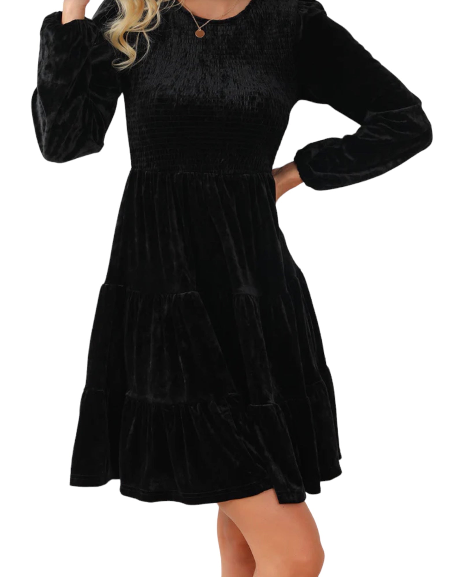 VELVET SMOCKED PUFF SLEEVE DRESS