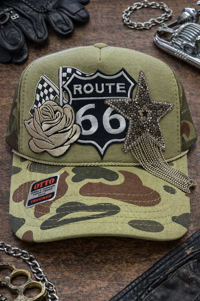 Route 66 Camo Trucker Hat with Rhinestone Star Fringe. -Otto