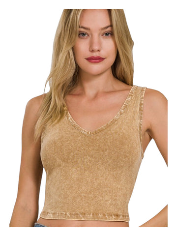 Washed cotton v neck crop