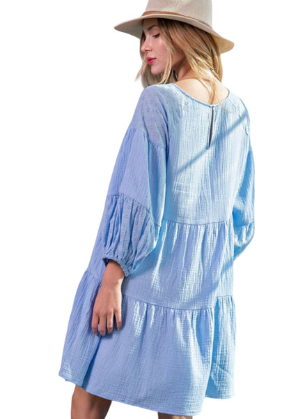 Light blue eyelet and gauze tiered dress