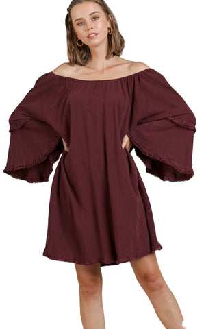 Bell Sleeve off shoulder freyed edge dress