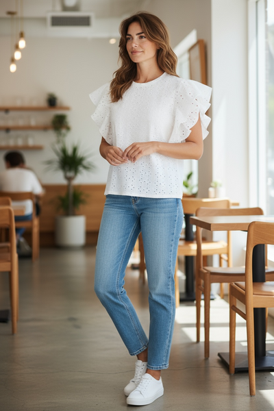 Ruffle sleeve eyelet top