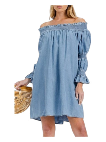 Chambray off shoulder puff sleeve dress