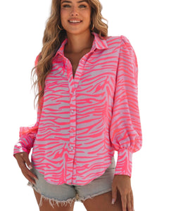 Pink print lantern sleeve shirt