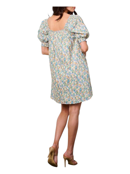 Short sleeve floral print  square neck smocked dress
