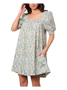 Short sleeve floral print  square neck smocked dress