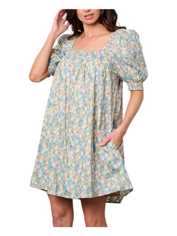 Short sleeve floral print  square neck smocked dress