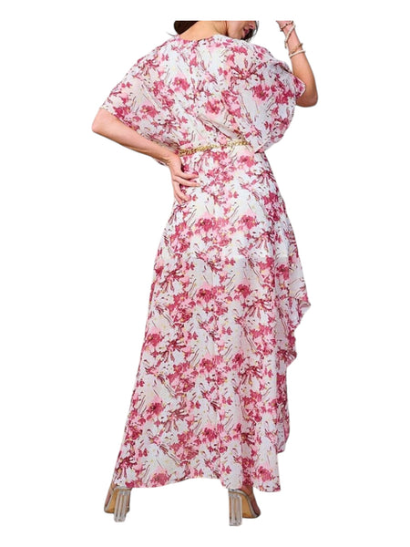Floral Print V Neck Belted Maxi Dress