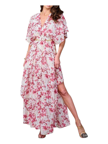 Floral Print V Neck Belted Maxi Dress