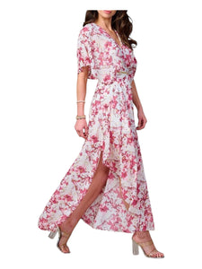 Floral Print V Neck Belted Maxi Dress