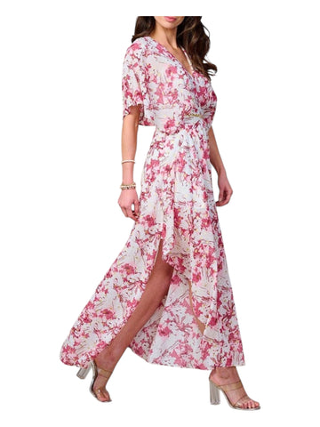 Floral Print V Neck Belted Maxi Dress