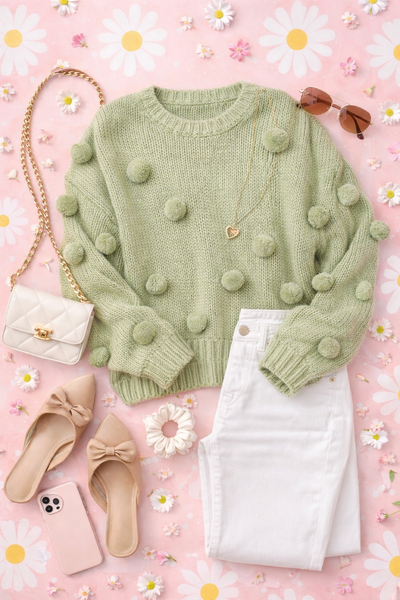 Sage Pom-Pom Knit Sweater