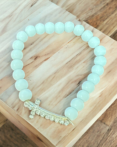 White beads stretch with Cross Bracelet