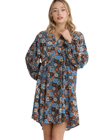 Floral Print Metallic Threading Puff Sleeve Dress