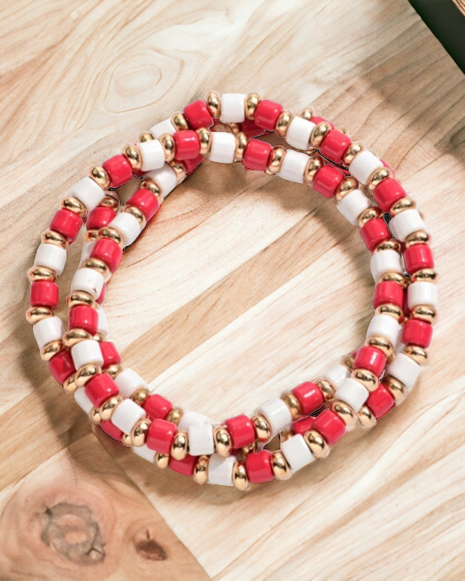 Set of 3 stretch red, white  and gold Bracelet