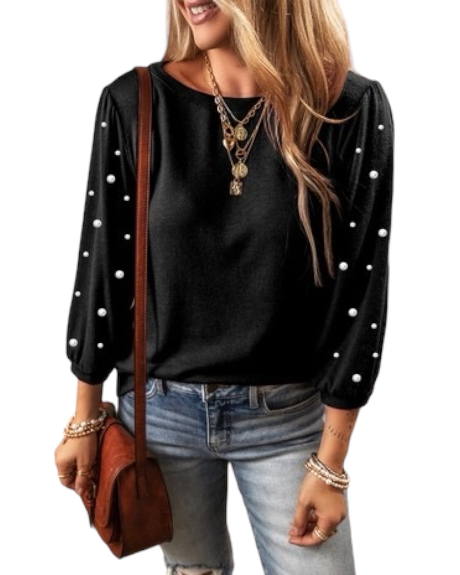 SS Round Sleeve round neck pearls/rhinestones on sleeves