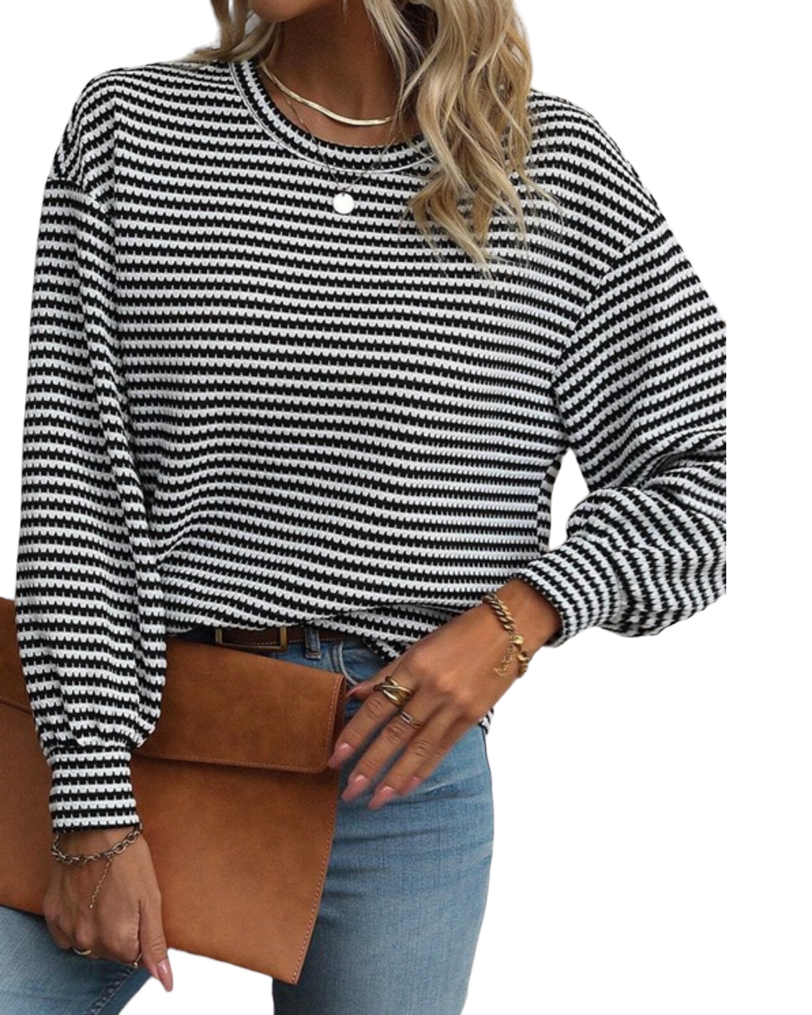 Round  Neck Drop ShoulderL/S Black and White Stripe