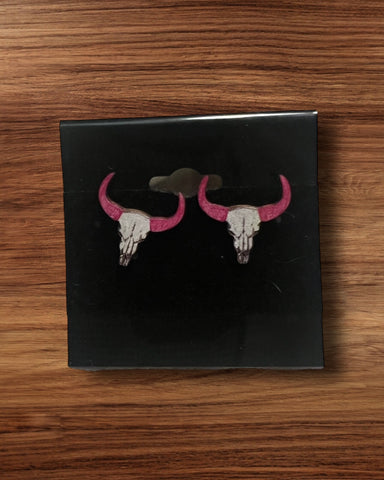 Steer head earrings with pink horns