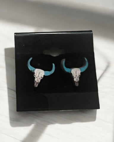 Steer head earrings with turquoise horns