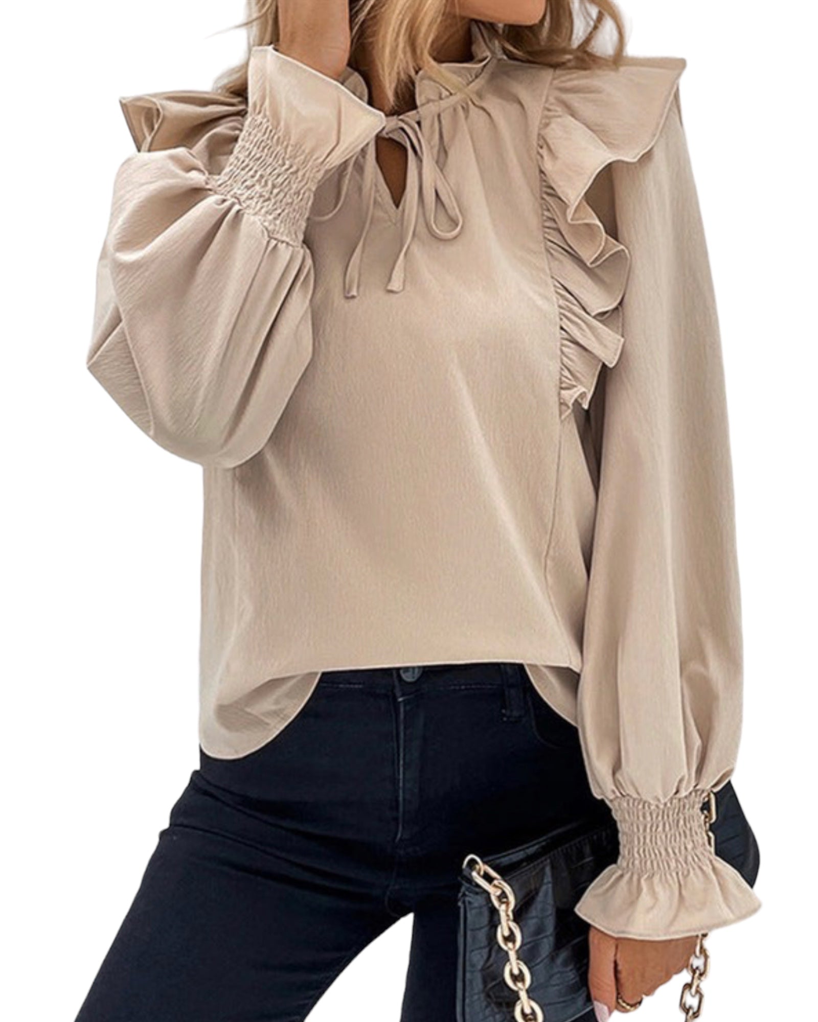 RUFFLE TIE-FRONT BUBBLE SLEEVE BLOUSE