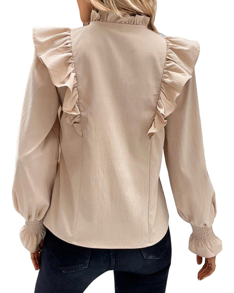 RUFFLE TIE-FRONT BUBBLE SLEEVE BLOUSE