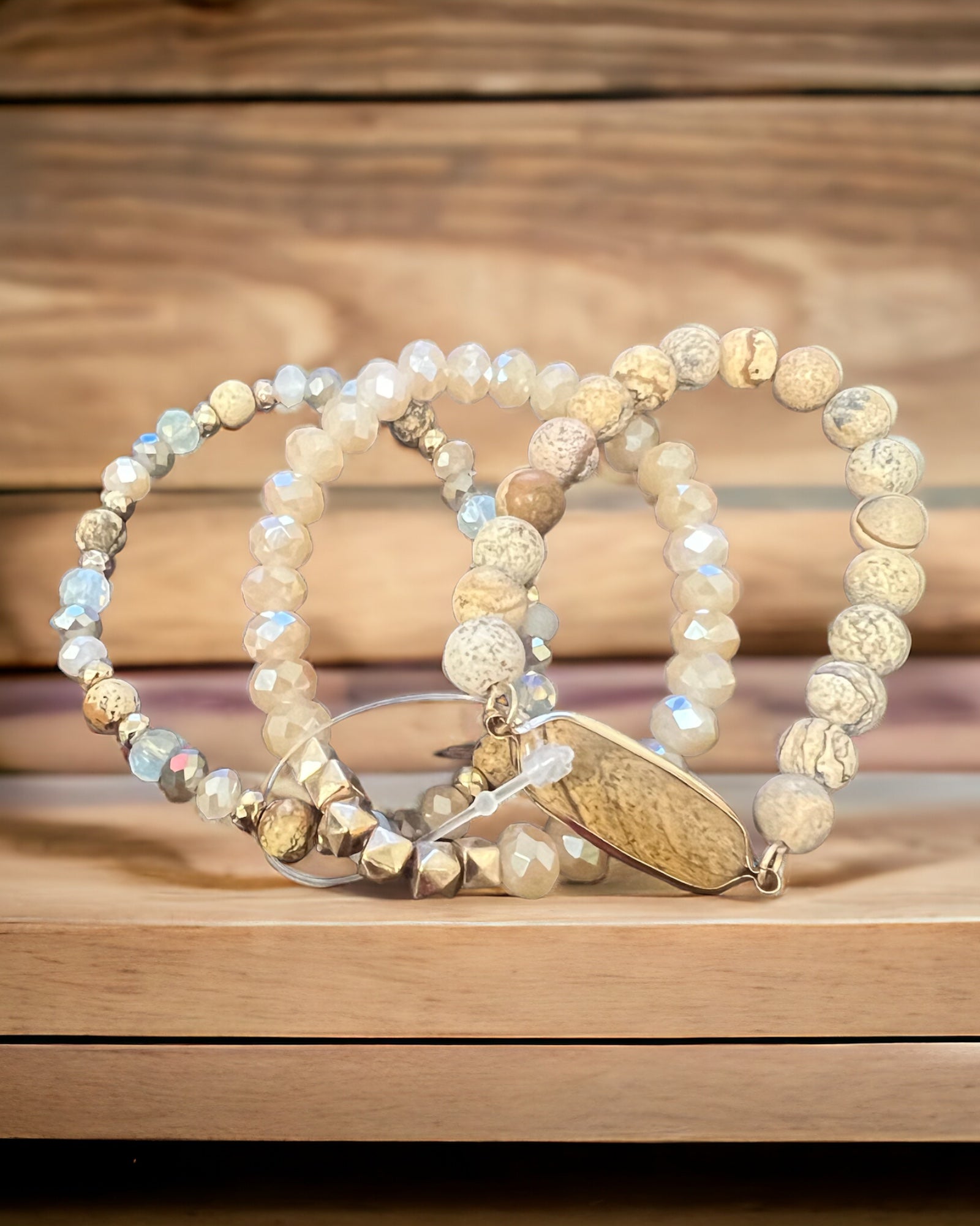 3 pc tan stone bracelet set