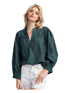 Crinkle notched neck long sleeve blouse