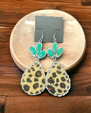 Turquoise Leopard and Cactus Earrings