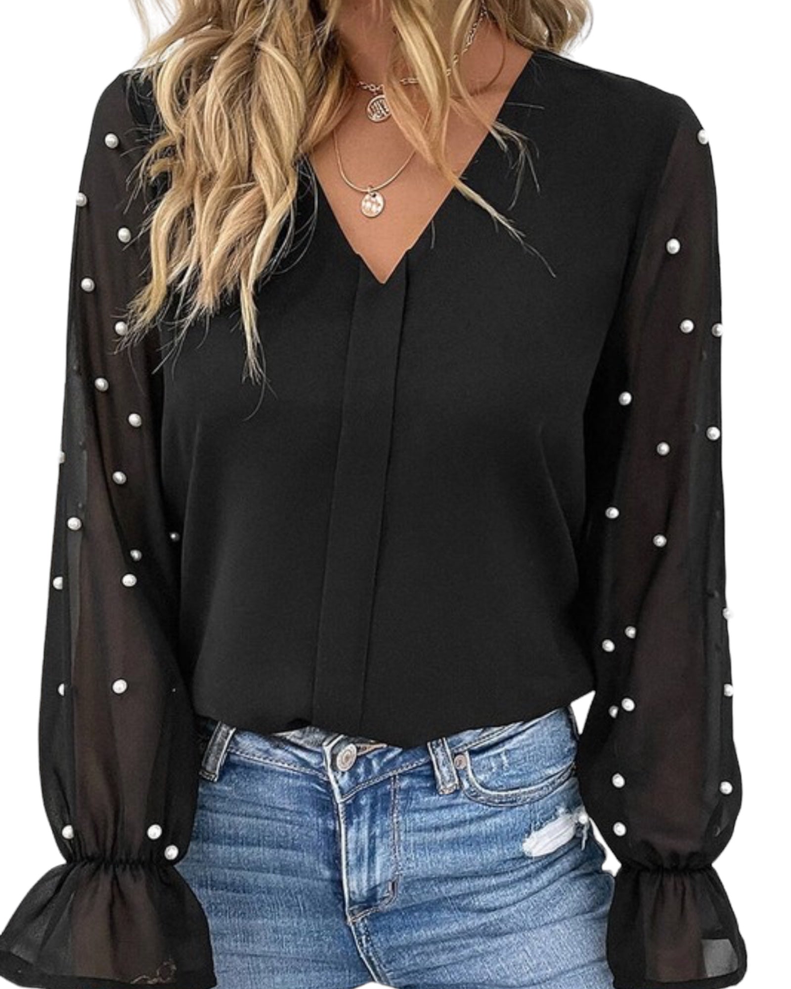 Black Pearl beaded flounce sleeve blouse