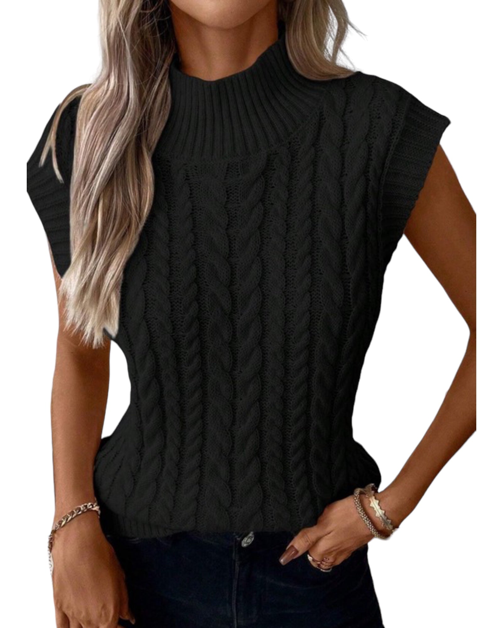 Black ribbed trim high neck sweater vest